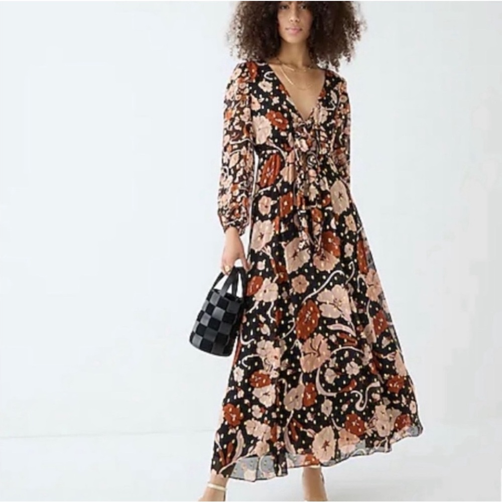 J CREW Collection Tie Front Lurex Maxi Dress Gold Dot Floral Size Medium